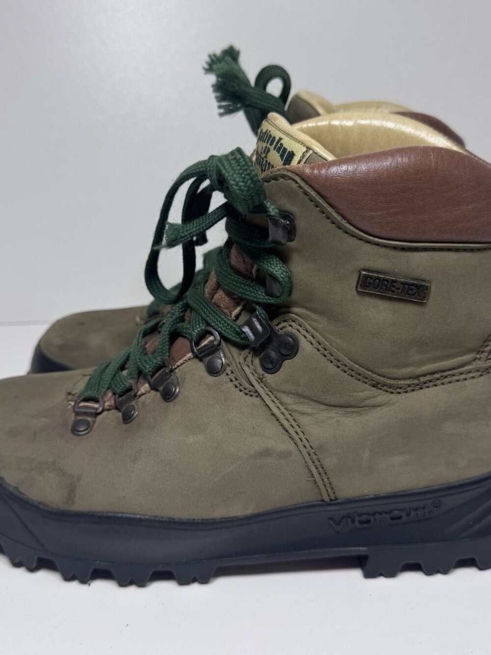Italian Leather Gore-Tex Hiking Trekking Boots Vibram Olive 7.5 Vtg Y2K Gorpcore
